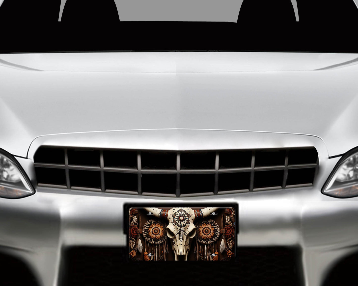 Vanity Front License Plate Cow Skull and Leather Aluminum Vanity License Plate Car Accessory Decorative Front Plate