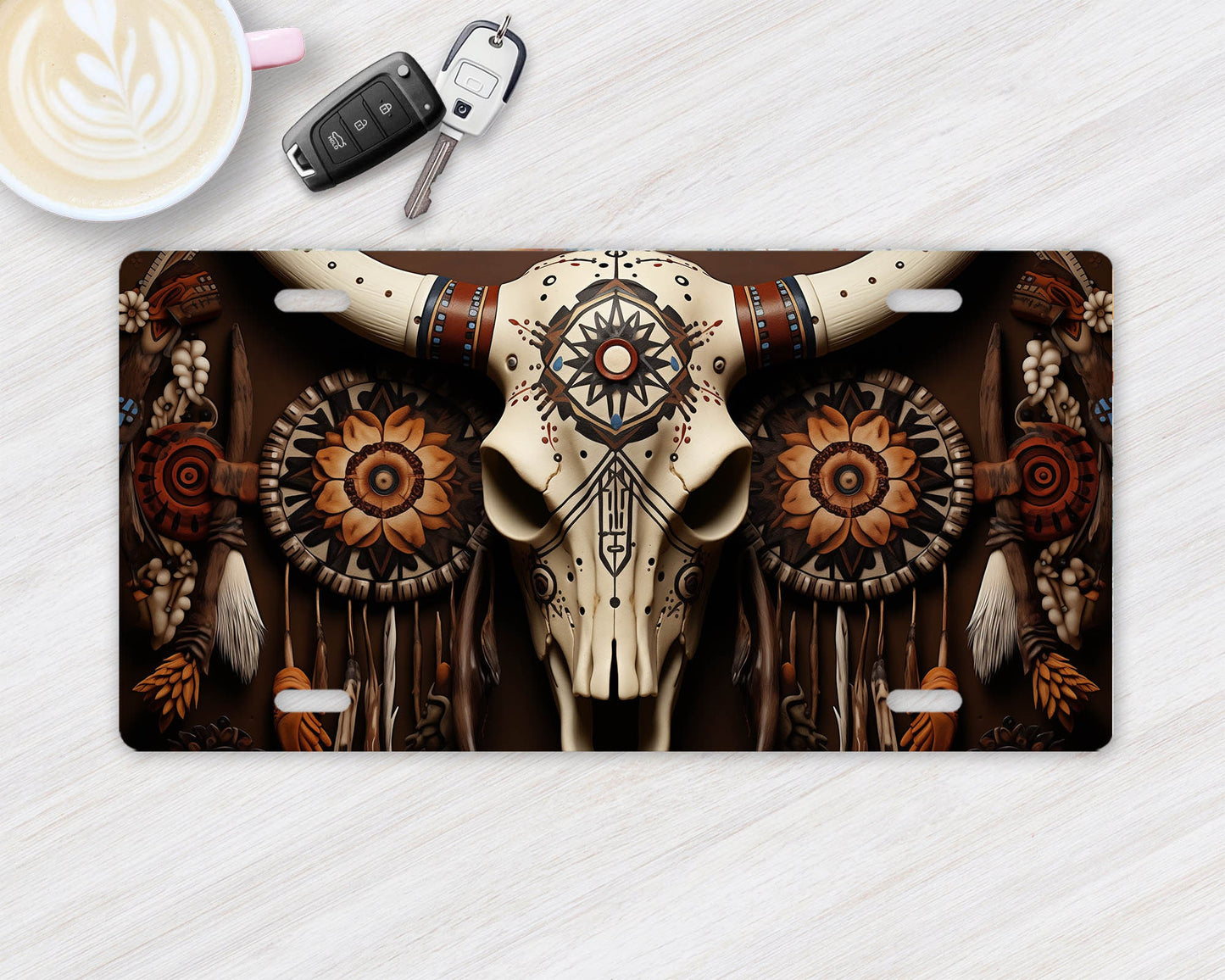 Vanity Front License Plate Cow Skull and Leather Aluminum Vanity License Plate Car Accessory Decorative Front Plate