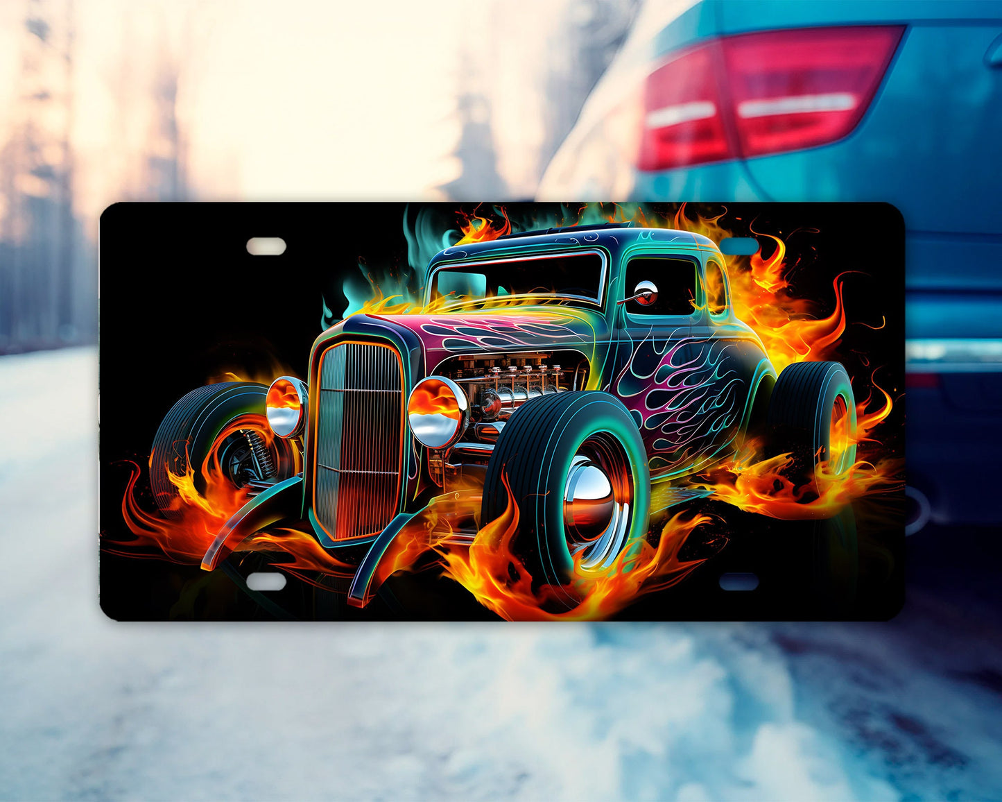 Vanity Front License Plate Hotrod Flames Aluminum Vanity License Plate Car Accessory Decorative Front Plate