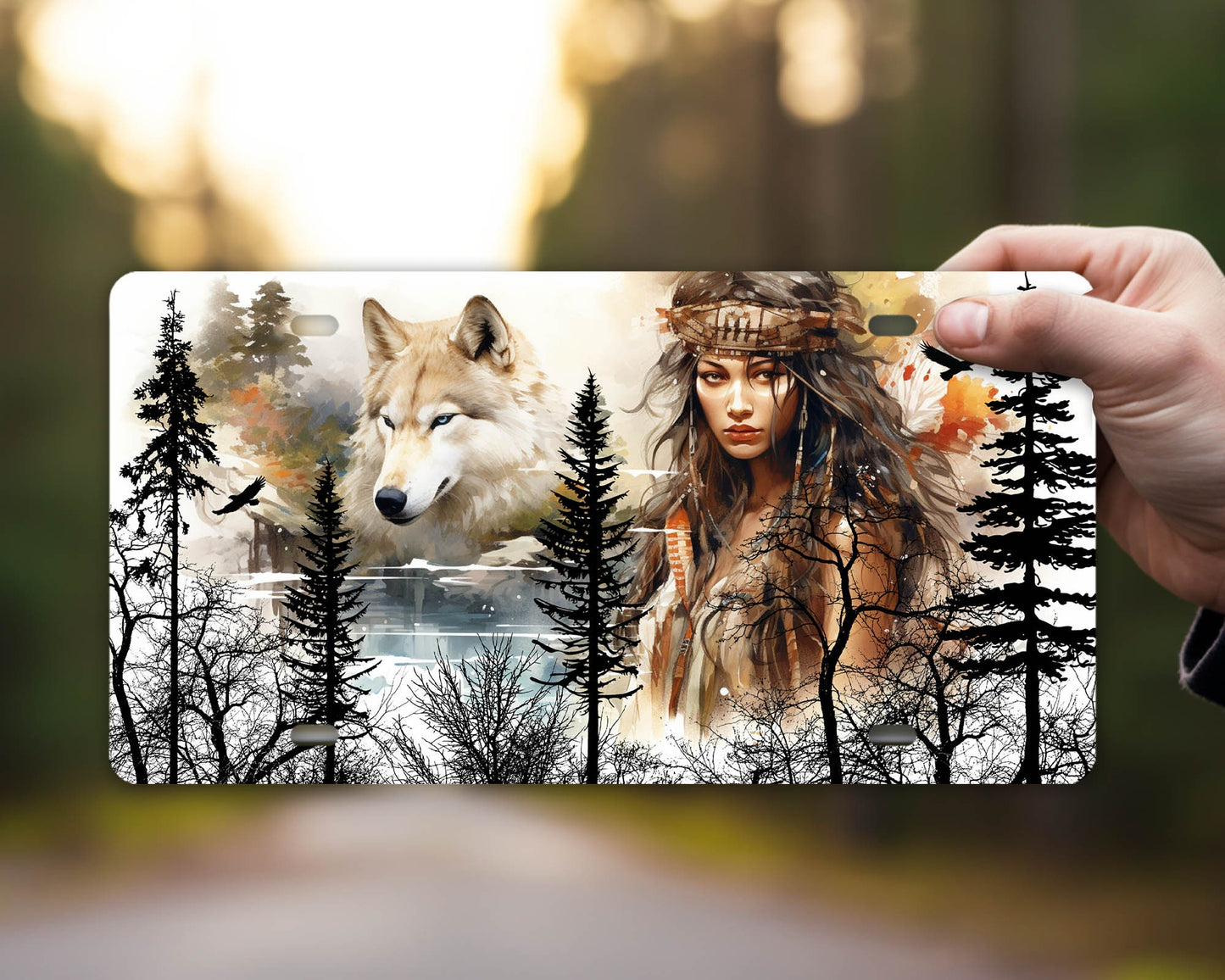 Vanity Front License Plate Indigenous Girl & White Wolf Aluminum Vanity License Plate Car Accessory Decorative Front Plate