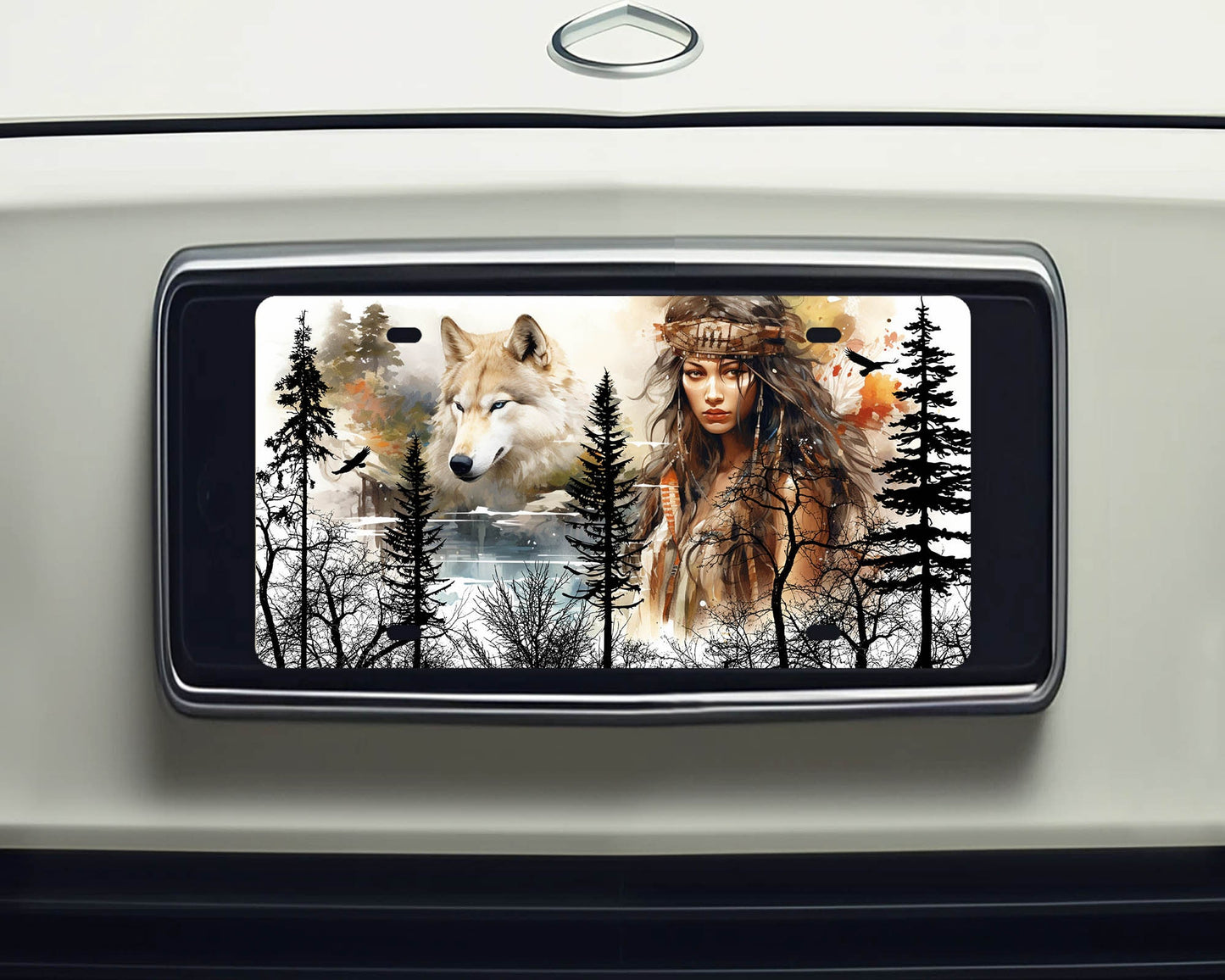 Vanity Front License Plate Indigenous Girl & White Wolf Aluminum Vanity License Plate Car Accessory Decorative Front Plate