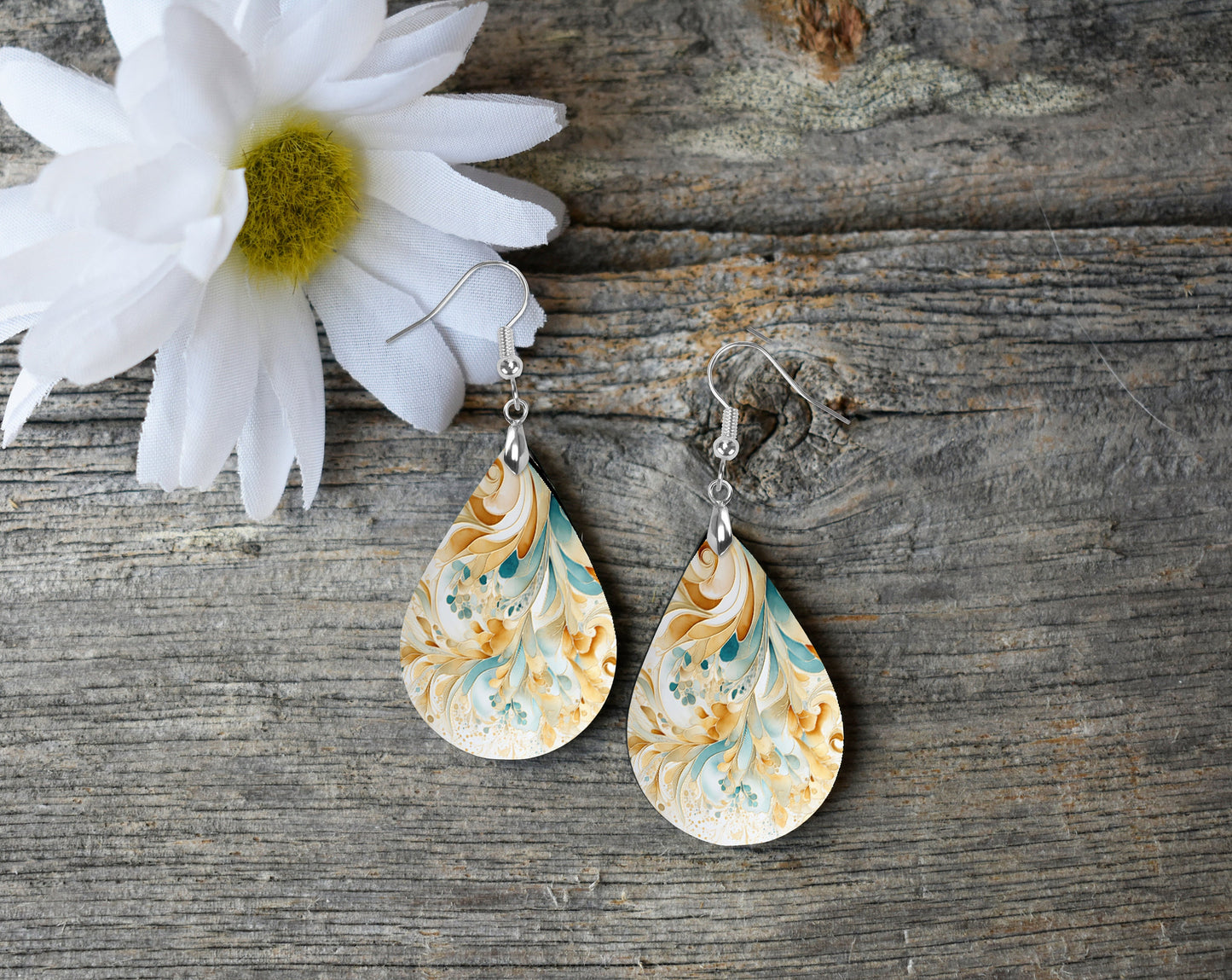 Gold, White and Blue Swirl Print Earrings Print Tear Drop Wood Dangle Earrings Hypoallergenic Jewelry