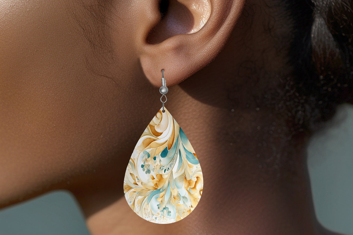 Gold, White and Blue Swirl Print Earrings Print Tear Drop Wood Dangle Earrings Hypoallergenic Jewelry