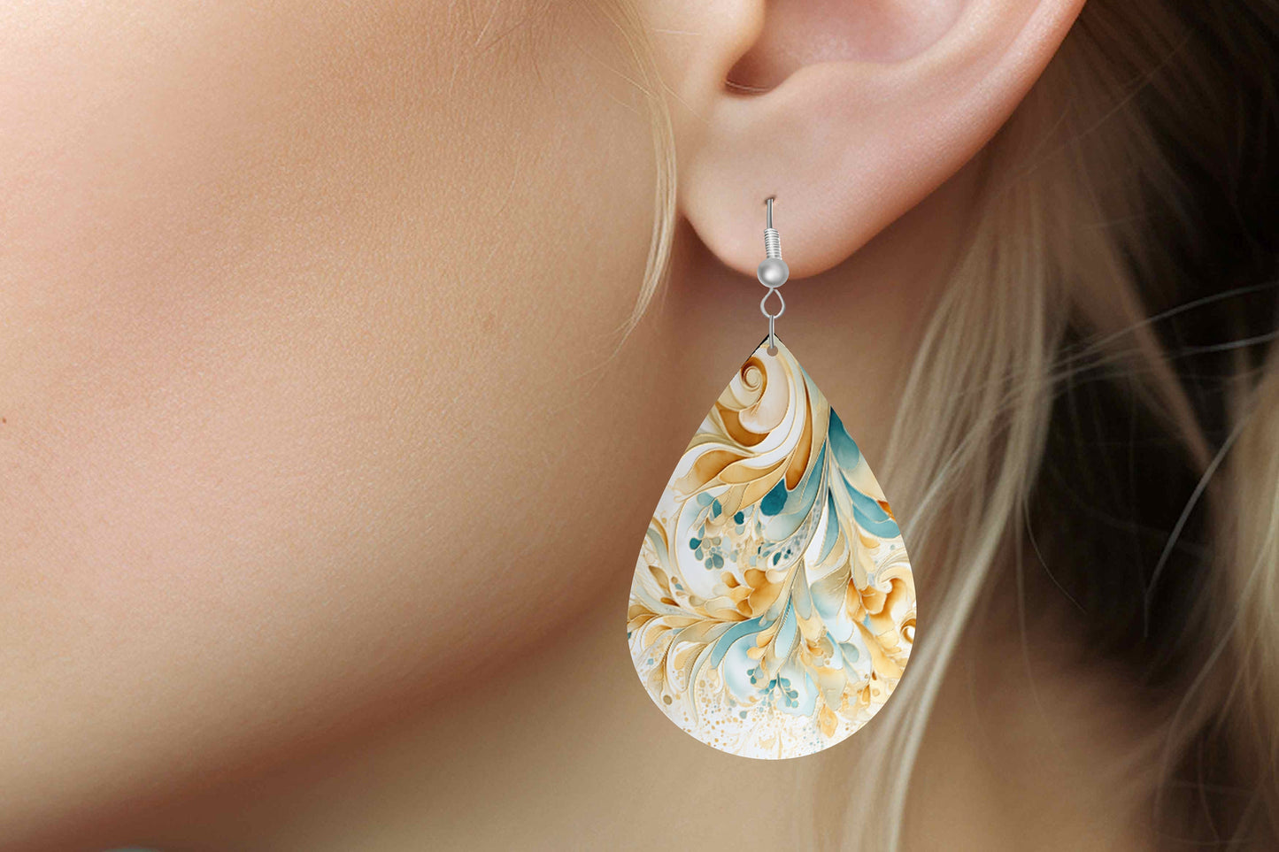 Gold, White and Blue Swirl Print Earrings Print Tear Drop Wood Dangle Earrings Hypoallergenic Jewelry