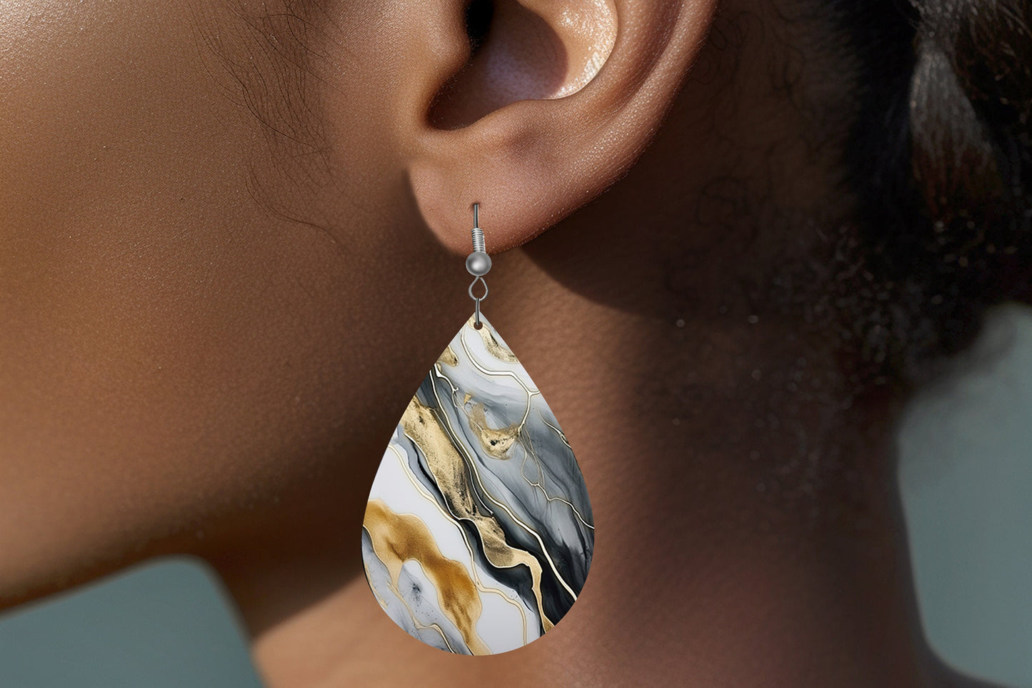 Gray and Gold Swirl Print Earrings Print Tear Drop Wood Dangle Earrings Hypoallergenic Jewelry