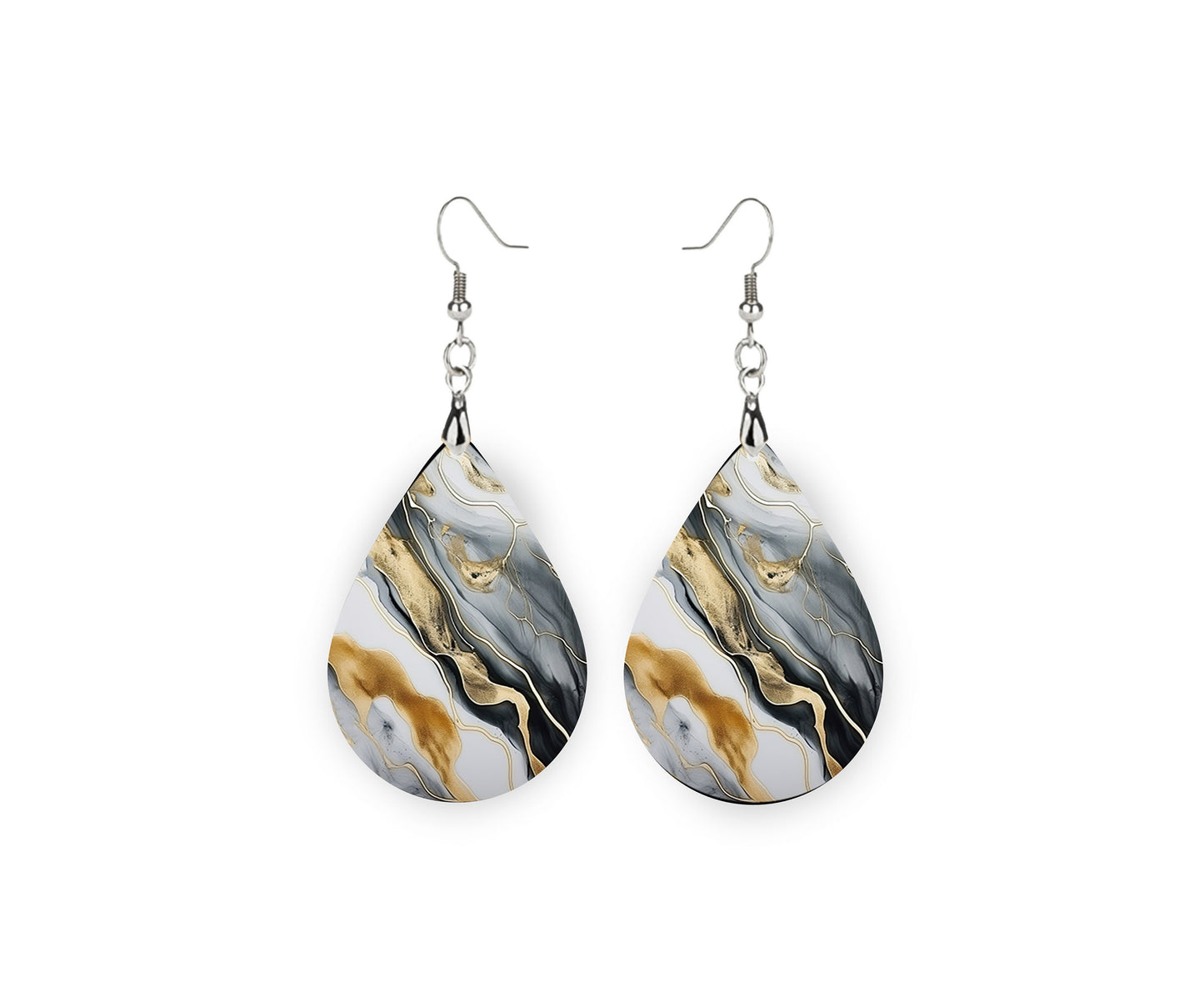 Gray and Gold Swirl Print Earrings Print Tear Drop Wood Dangle Earrings Hypoallergenic Jewelry