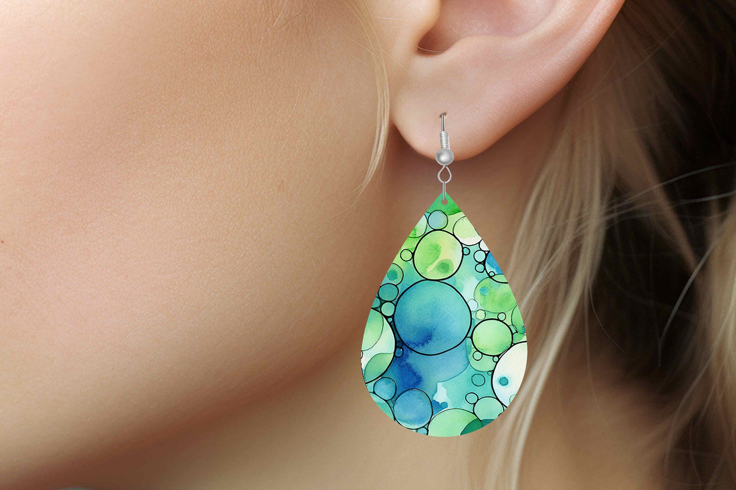 Green and Blue Bubbles Print Earrings Print Tear Drop Wood Dangle Earrings Hypoallergenic Jewelry