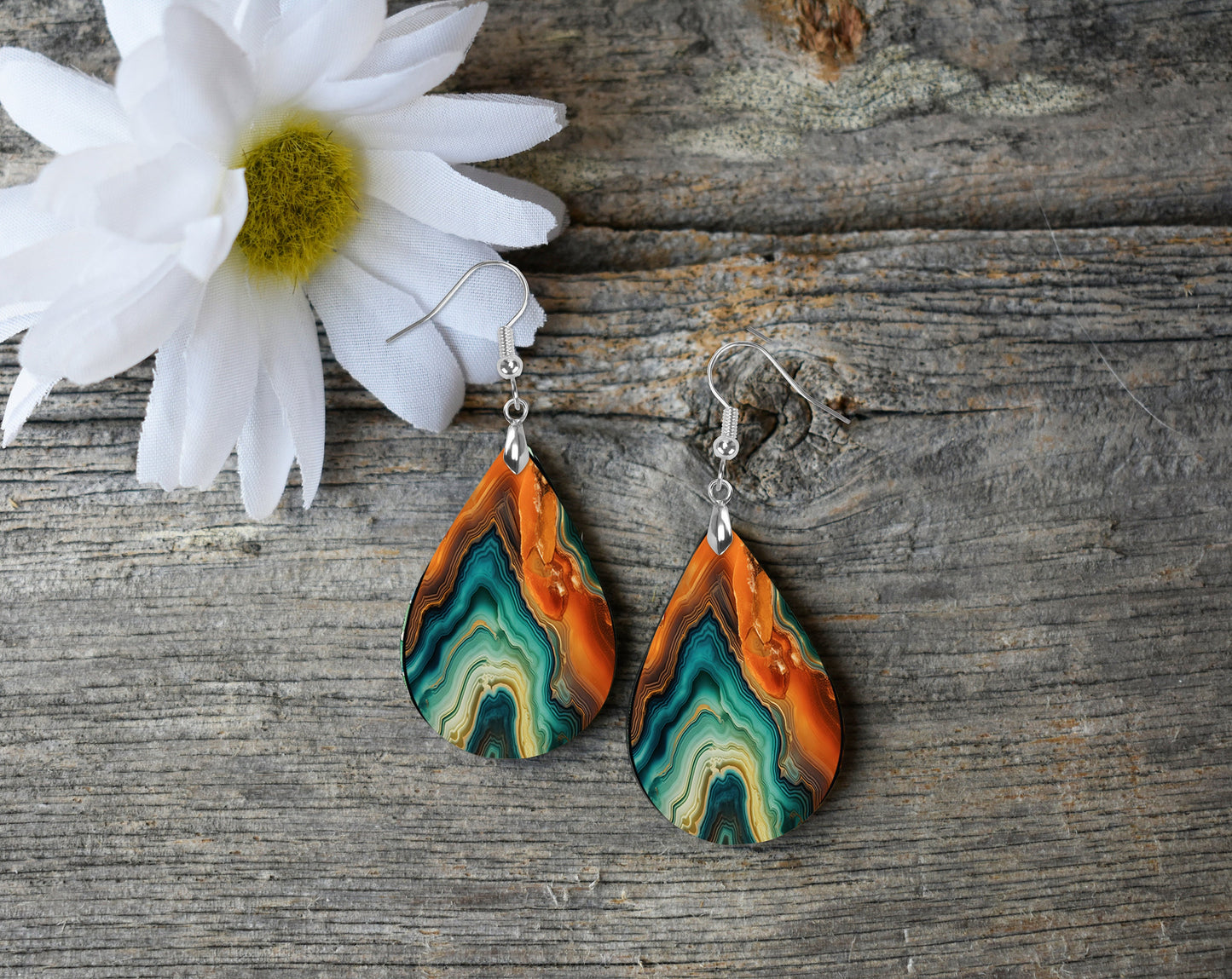 Green and Orange Agate Print Earrings Print Tear Drop Wood Dangle Earrings Hypoallergenic Jewelry