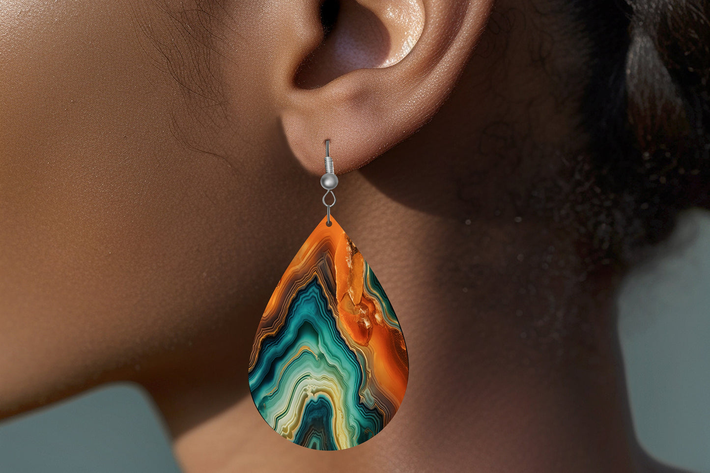 Green and Orange Agate Print Earrings Print Tear Drop Wood Dangle Earrings Hypoallergenic Jewelry