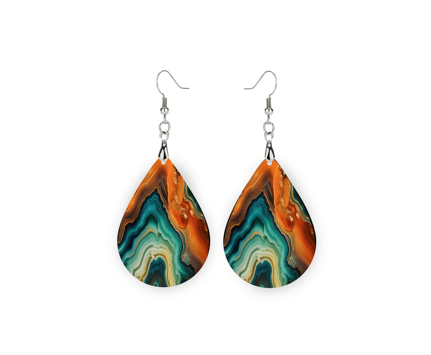 Green and Orange Agate Print Earrings Print Tear Drop Wood Dangle Earrings Hypoallergenic Jewelry