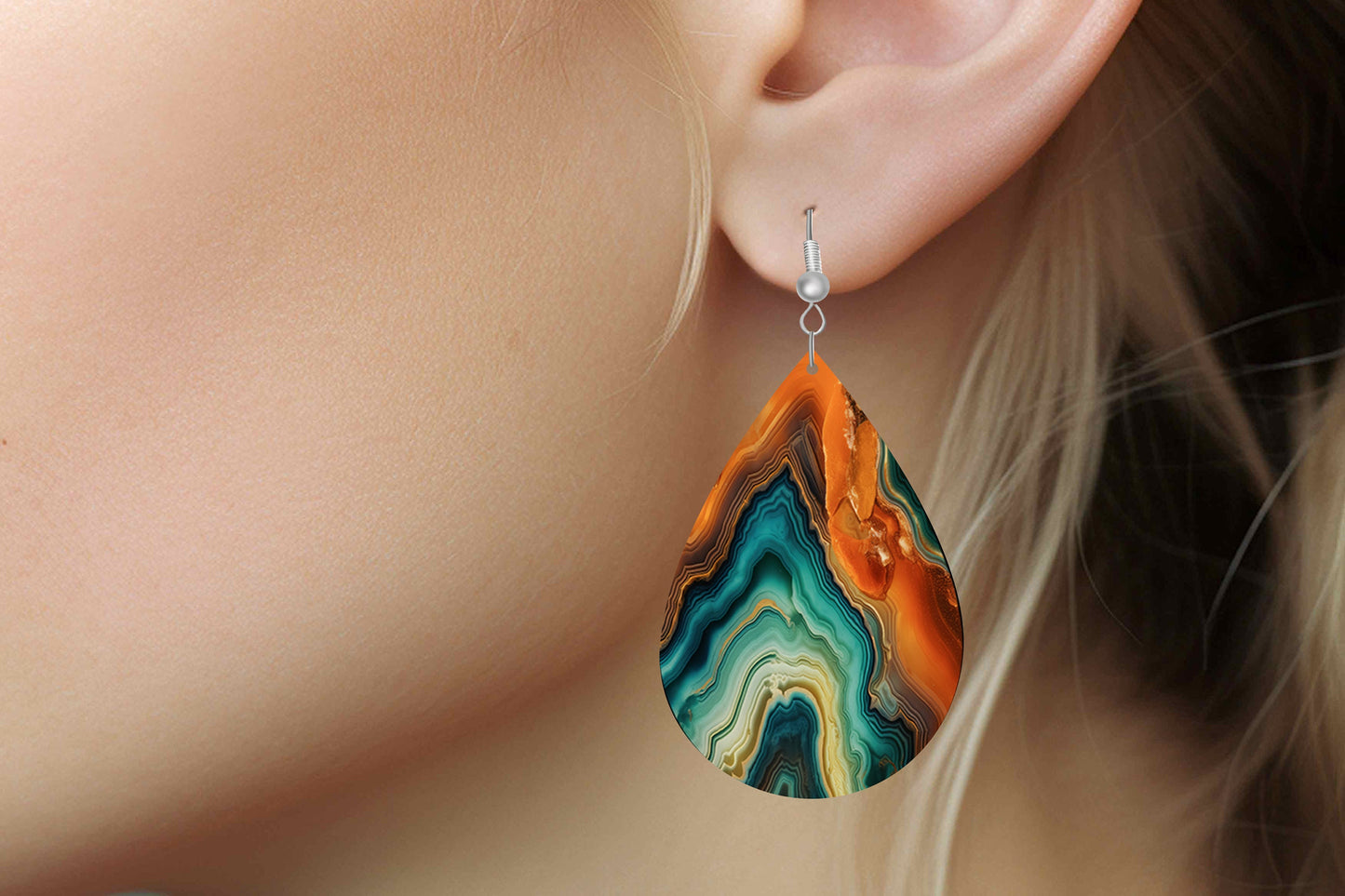 Green and Orange Agate Print Earrings Print Tear Drop Wood Dangle Earrings Hypoallergenic Jewelry