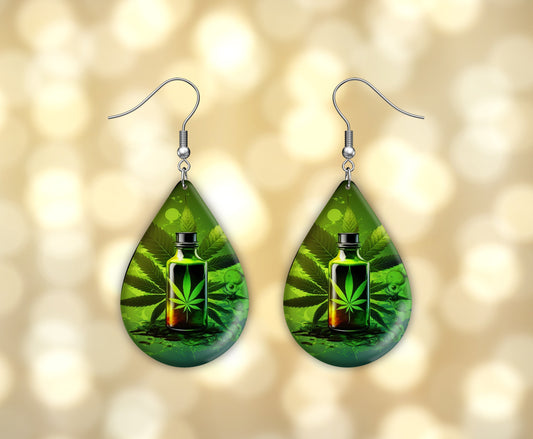 Green Weed Print Earrings Print Tear Drop Wood Dangle Earrings Hypoallergenic Jewelry