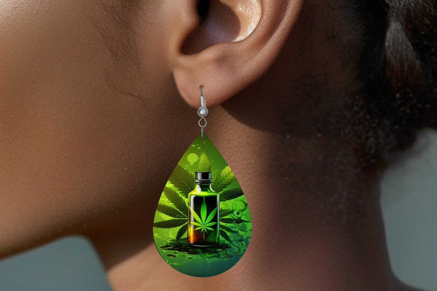 Green Weed Print Earrings Print Tear Drop Wood Dangle Earrings Hypoallergenic Jewelry