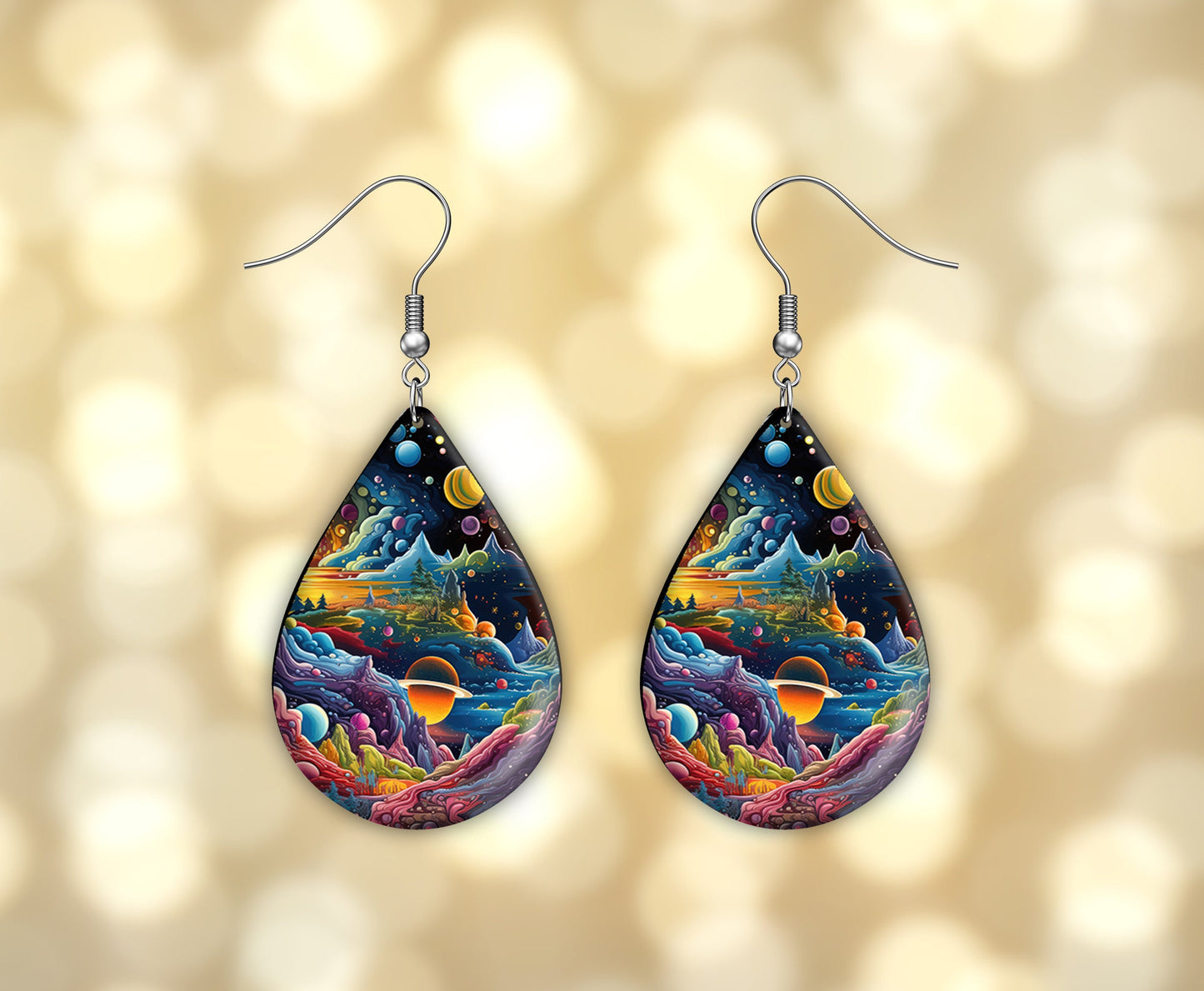 Alien Planet Print Earrings Print Tear Drop Wood Dangle Earrings Hypoallergenic Jewelry