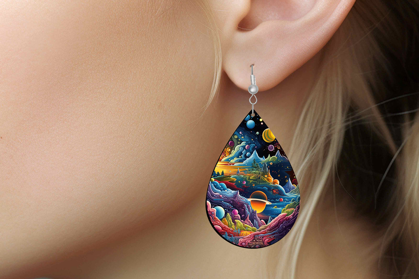 Alien Planet Print Earrings Print Tear Drop Wood Dangle Earrings Hypoallergenic Jewelry