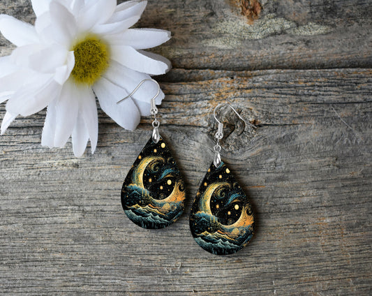 Abstract Stary Night Print Earrings Print Tear Drop Wood Dangle Earrings Hypoallergenic Jewelry