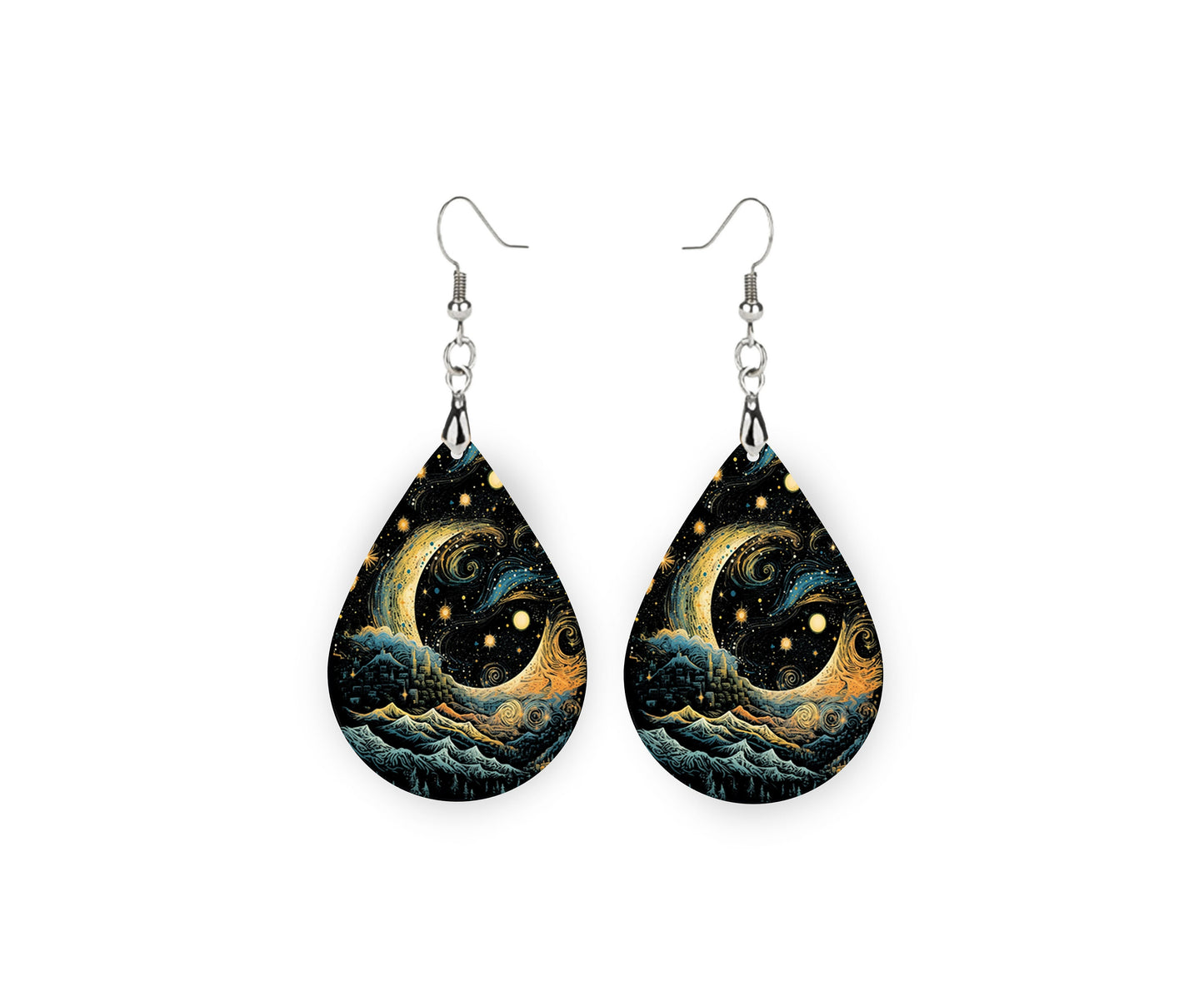 Abstract Stary Night Print Earrings Print Tear Drop Wood Dangle Earrings Hypoallergenic Jewelry