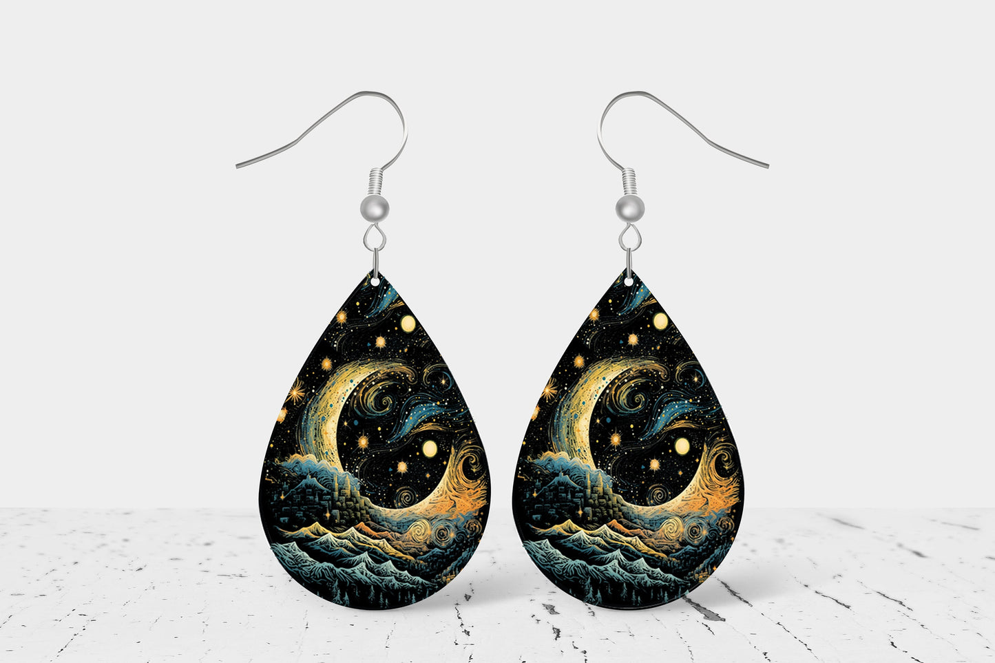 Abstract Stary Night Print Earrings Print Tear Drop Wood Dangle Earrings Hypoallergenic Jewelry