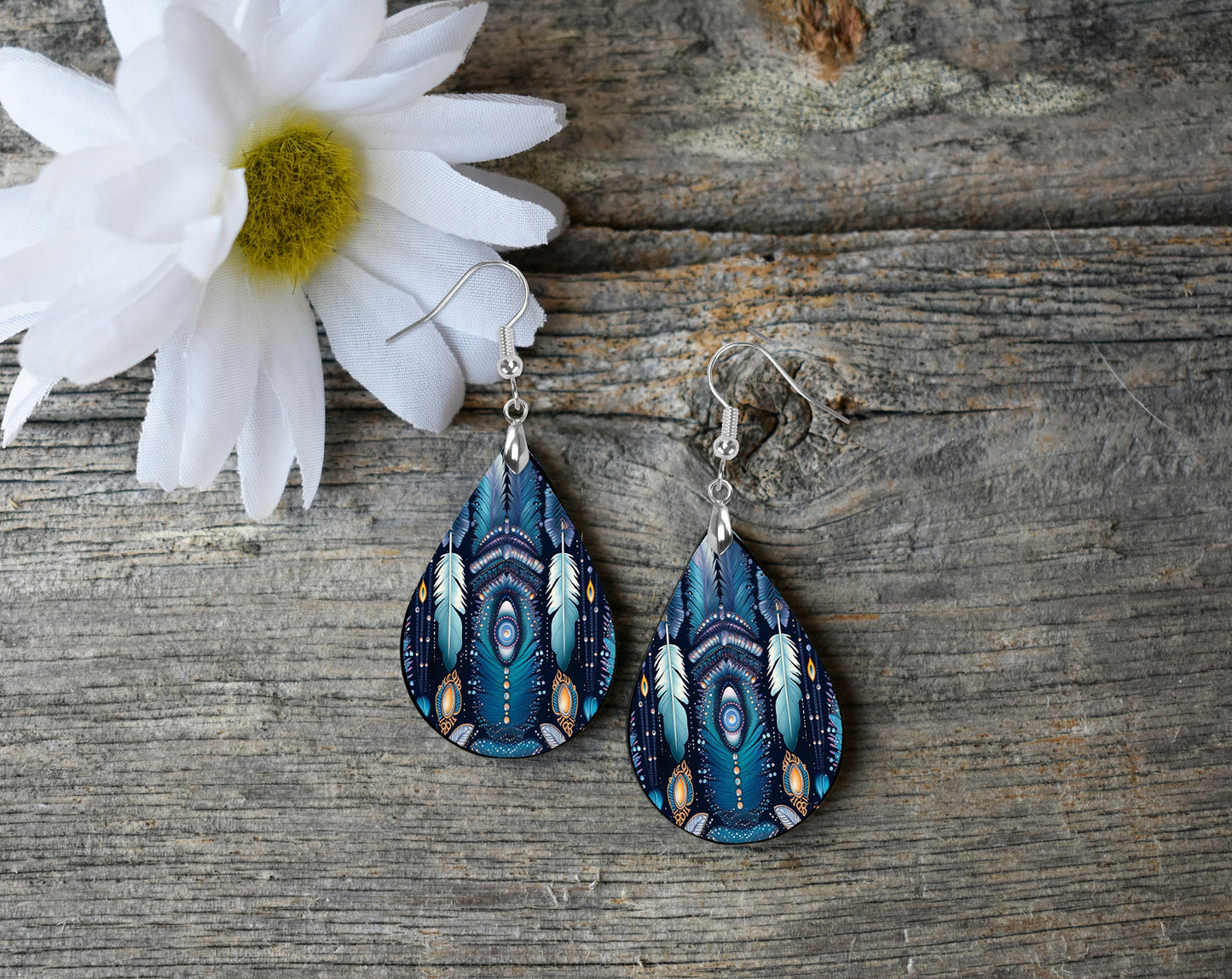 Blue Feathers Print Earrings Print Tear Drop Wood Dangle Earrings Hypoallergenic Jewelry