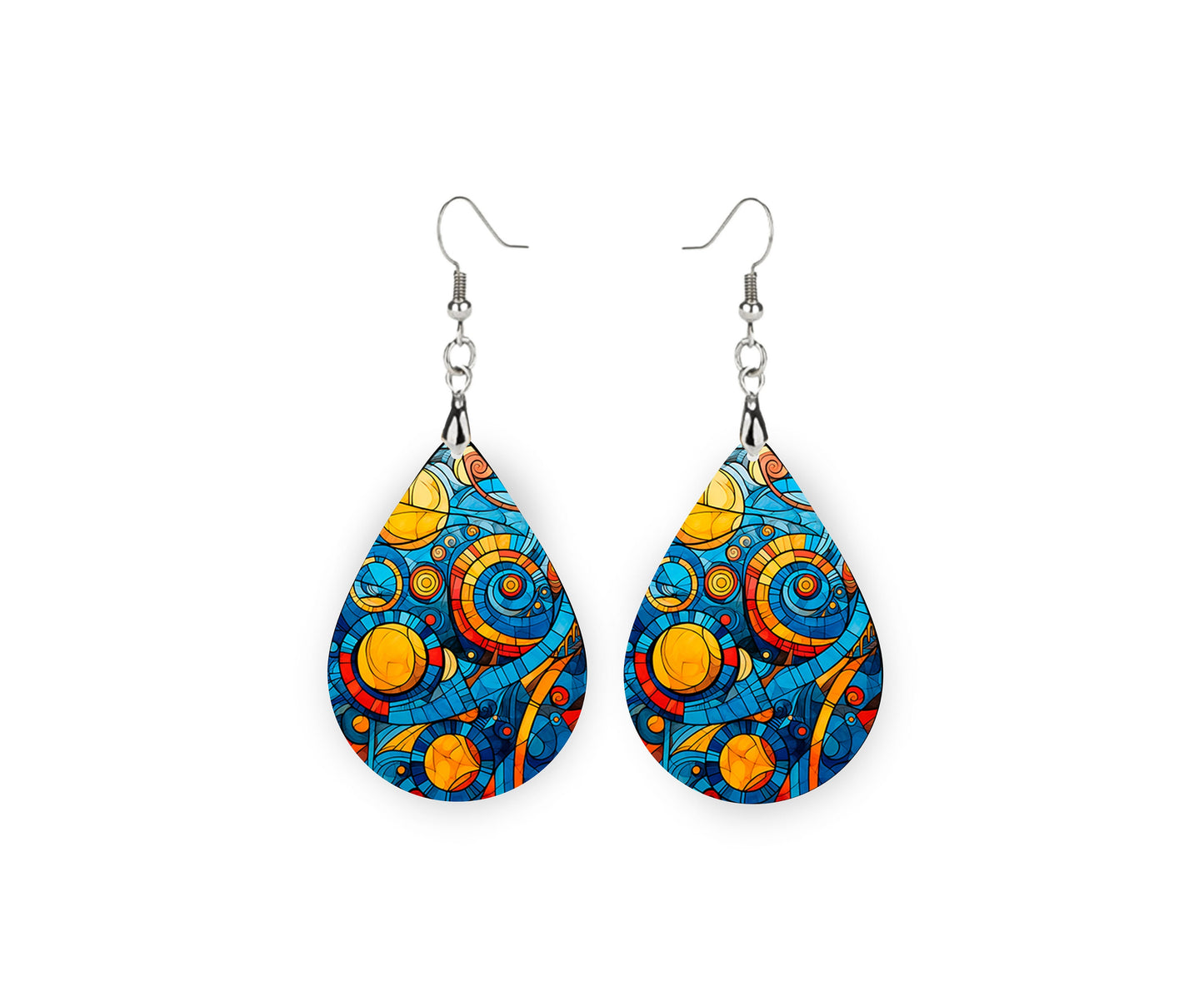 Blue Geometric Print Earrings Print Tear Drop Wood Dangle Earrings Hypoallergenic Jewelry