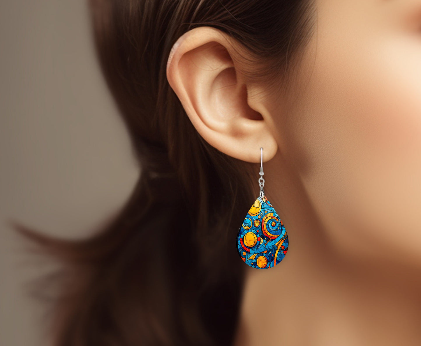 Blue Geometric Print Earrings Print Tear Drop Wood Dangle Earrings Hypoallergenic Jewelry