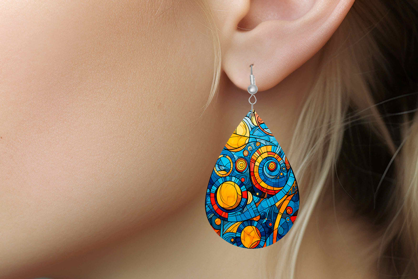 Blue Geometric Print Earrings Print Tear Drop Wood Dangle Earrings Hypoallergenic Jewelry