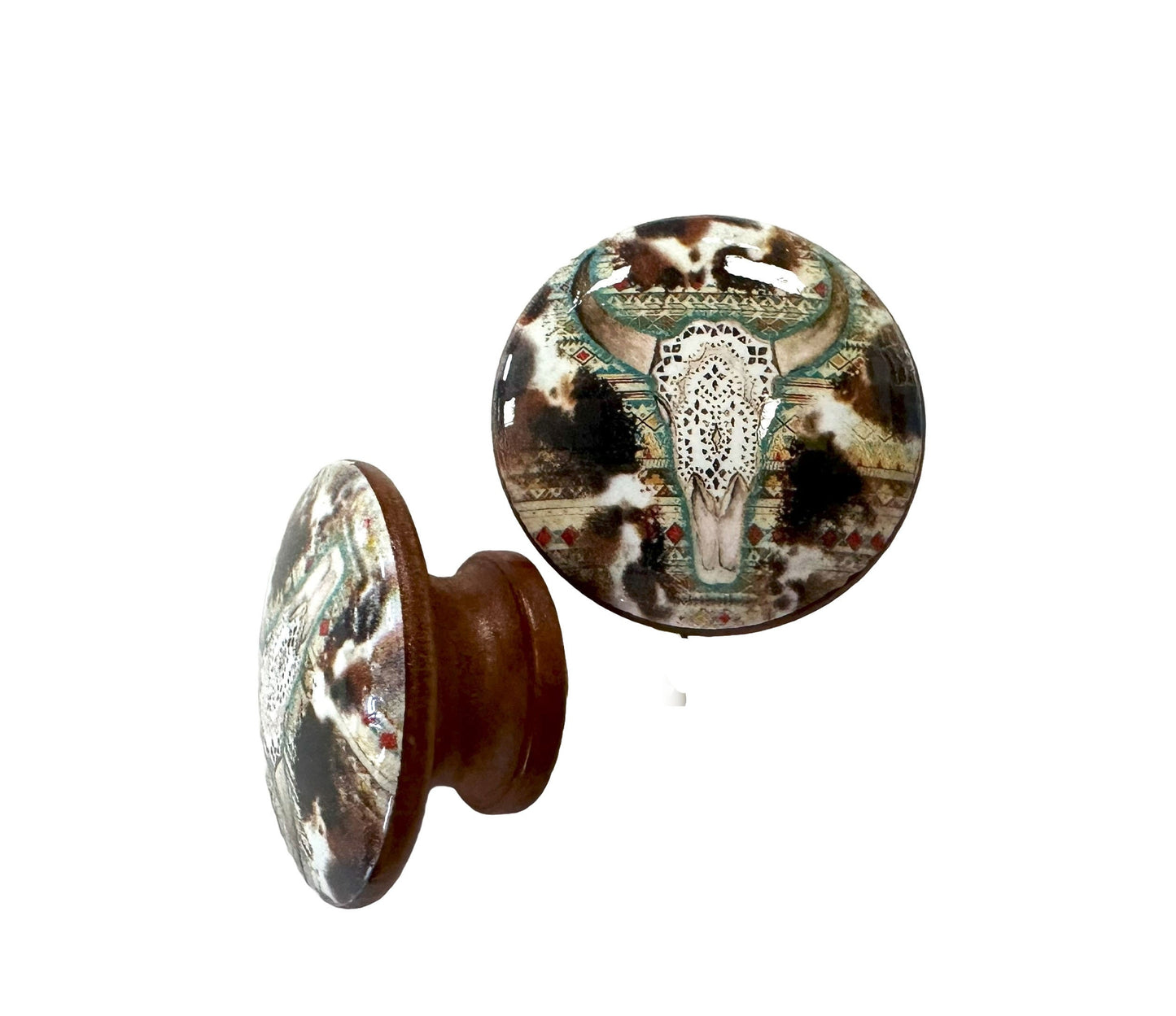 Cabinet Knobs, Set of 6 Filigree Cow Skull Western Wood Cabinet Knobs, Drawer Knobs and Pulls, Kitchen Cabinet Knobs