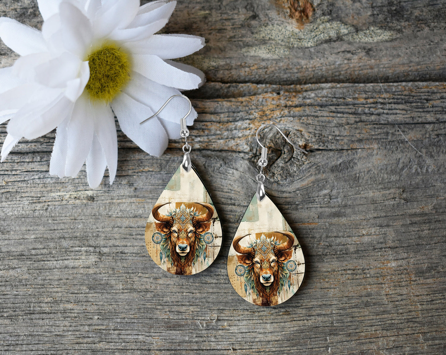 Buffalo Dream Catcher Earrings Print Tear Drop Wood Dangle Earrings Hypoallergenic Jewelry