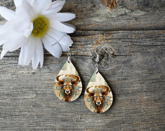 Buffalo Dream Catcher Earrings Print Tear Drop Wood Dangle Earrings Hypoallergenic Jewelry