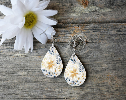 Casabella Floral Earrings Print Tear Drop Wood Dangle Earrings Hypoallergenic Jewelry