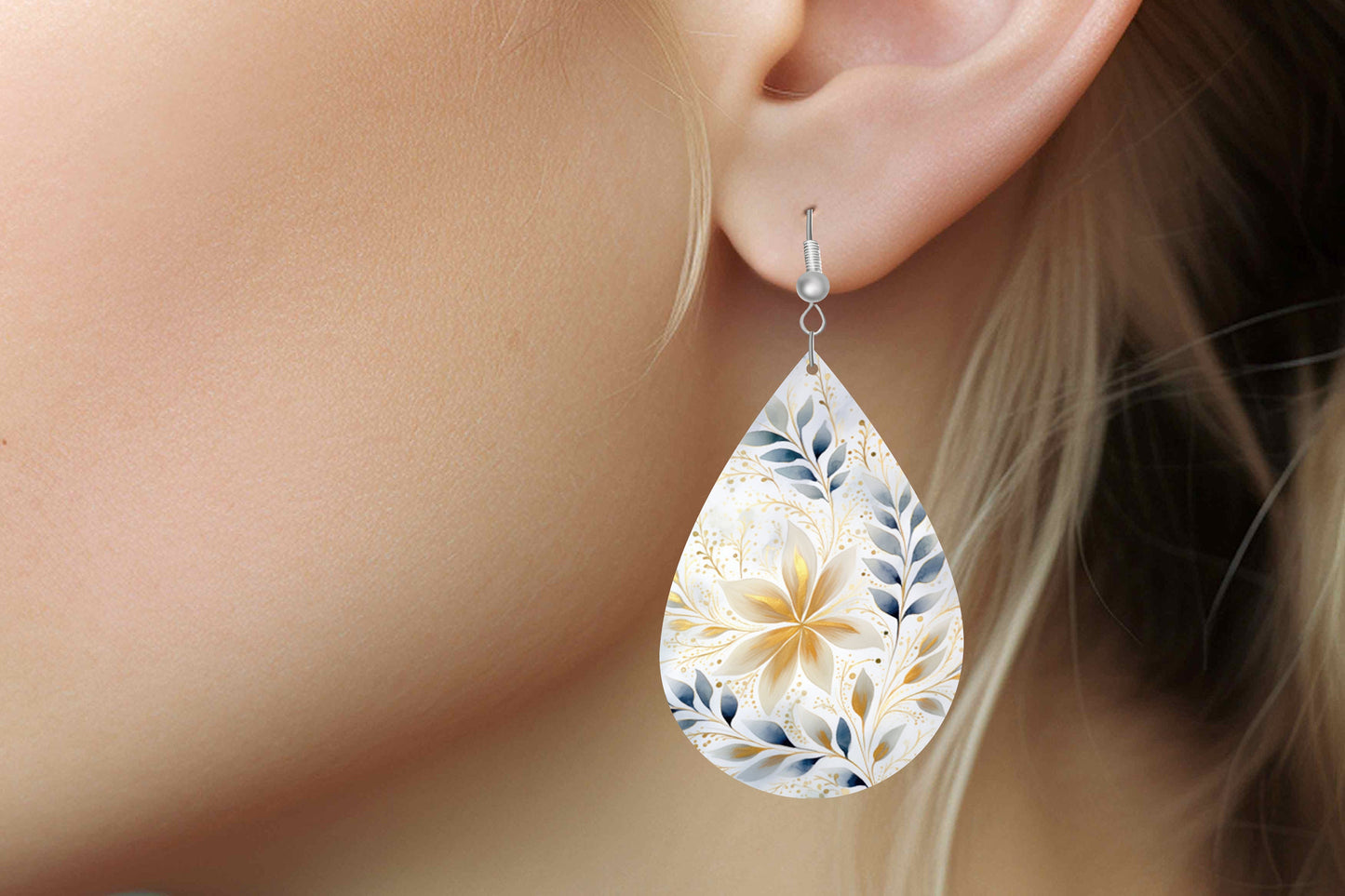 Casabella Floral Earrings Print Tear Drop Wood Dangle Earrings Hypoallergenic Jewelry