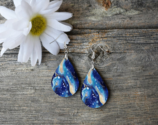 Celestial Agate Earrings Print Tear Drop Wood Dangle Earrings Hypoallergenic Jewelry