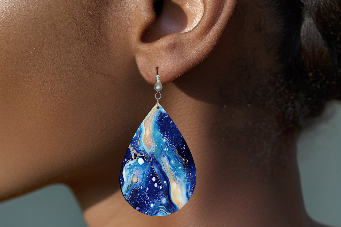 Celestial Agate Earrings Print Tear Drop Wood Dangle Earrings Hypoallergenic Jewelry