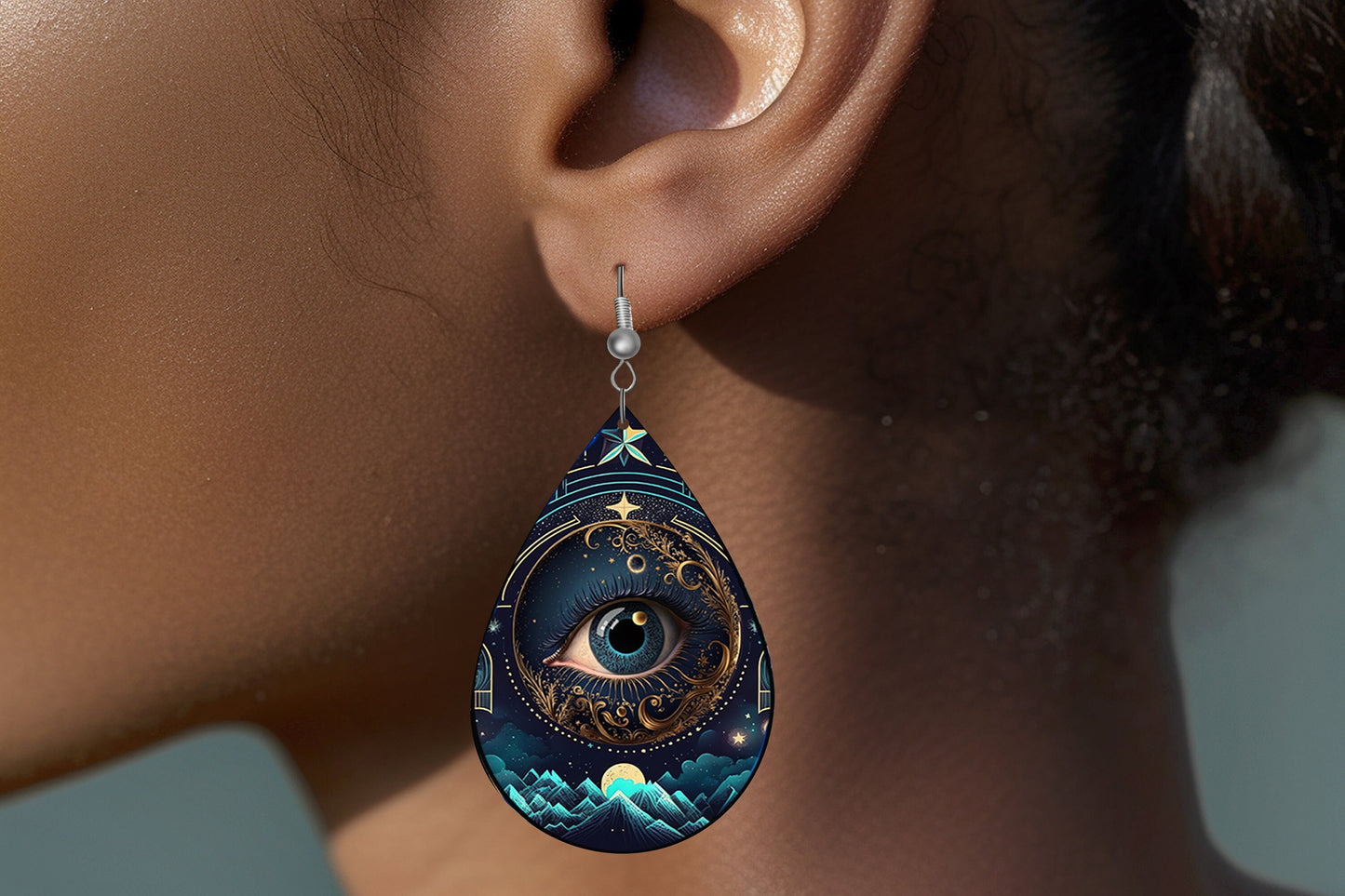 Celestial Evil Eye Earrings Print Tear Drop Wood Dangle Earrings Hypoallergenic Jewelry