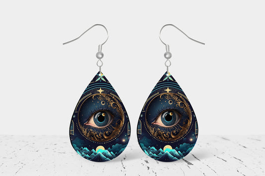 Celestial Evil Eye Earrings Print Tear Drop Wood Dangle Earrings Hypoallergenic Jewelry