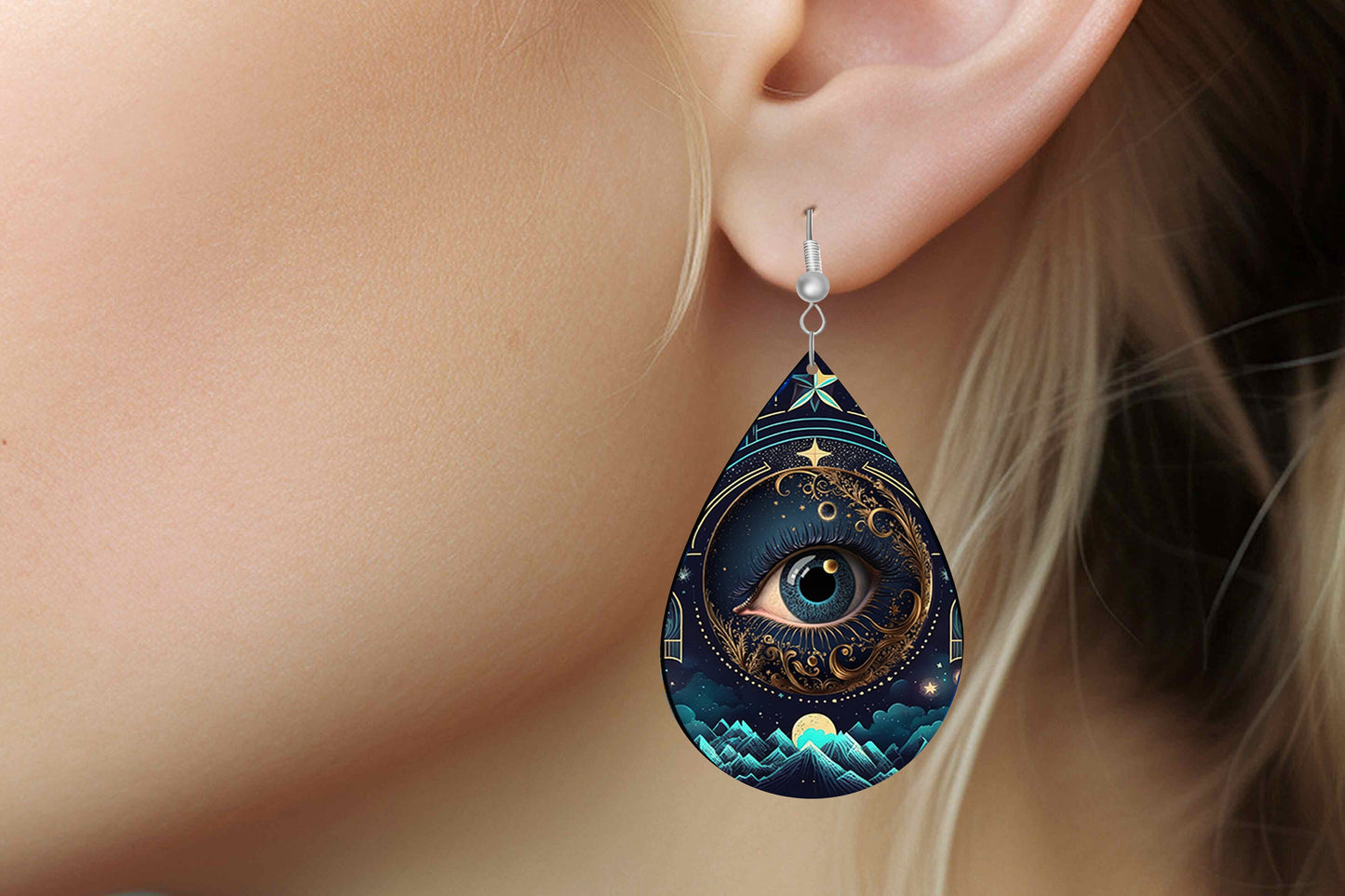 Celestial Evil Eye Earrings Print Tear Drop Wood Dangle Earrings Hypoallergenic Jewelry