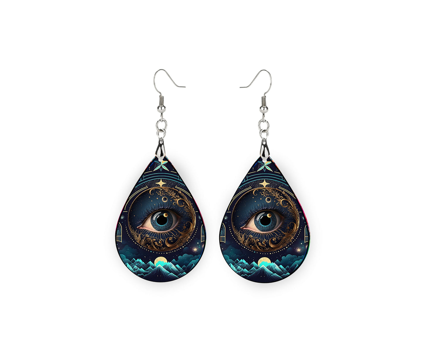 Celestial Evil Eye Earrings Print Tear Drop Wood Dangle Earrings Hypoallergenic Jewelry