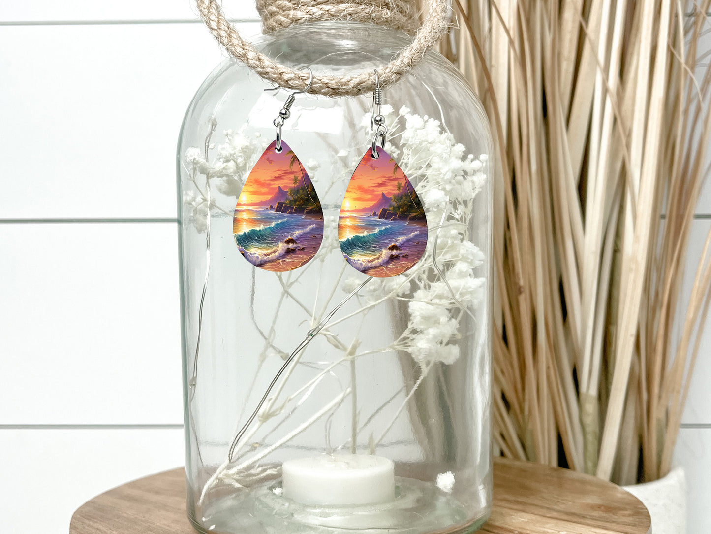 Coastal Sunset Earrings Print Tear Drop Wood Dangle Earrings Hypoallergenic Jewelry