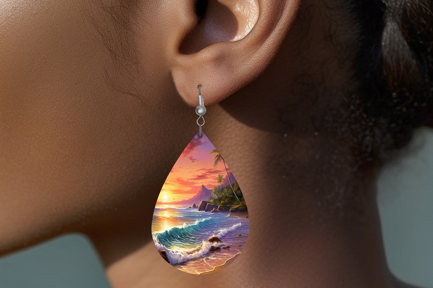 Coastal Sunset Earrings Print Tear Drop Wood Dangle Earrings Hypoallergenic Jewelry