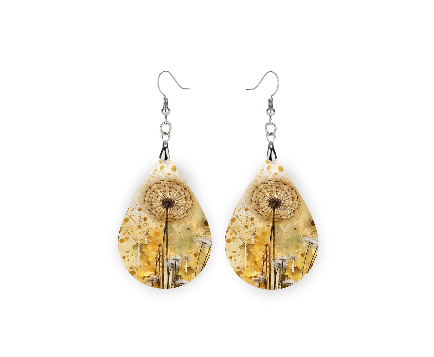 Golden Dandelion Earrings Print Tear Drop Wood Dangle Earrings Hypoallergenic Jewelry