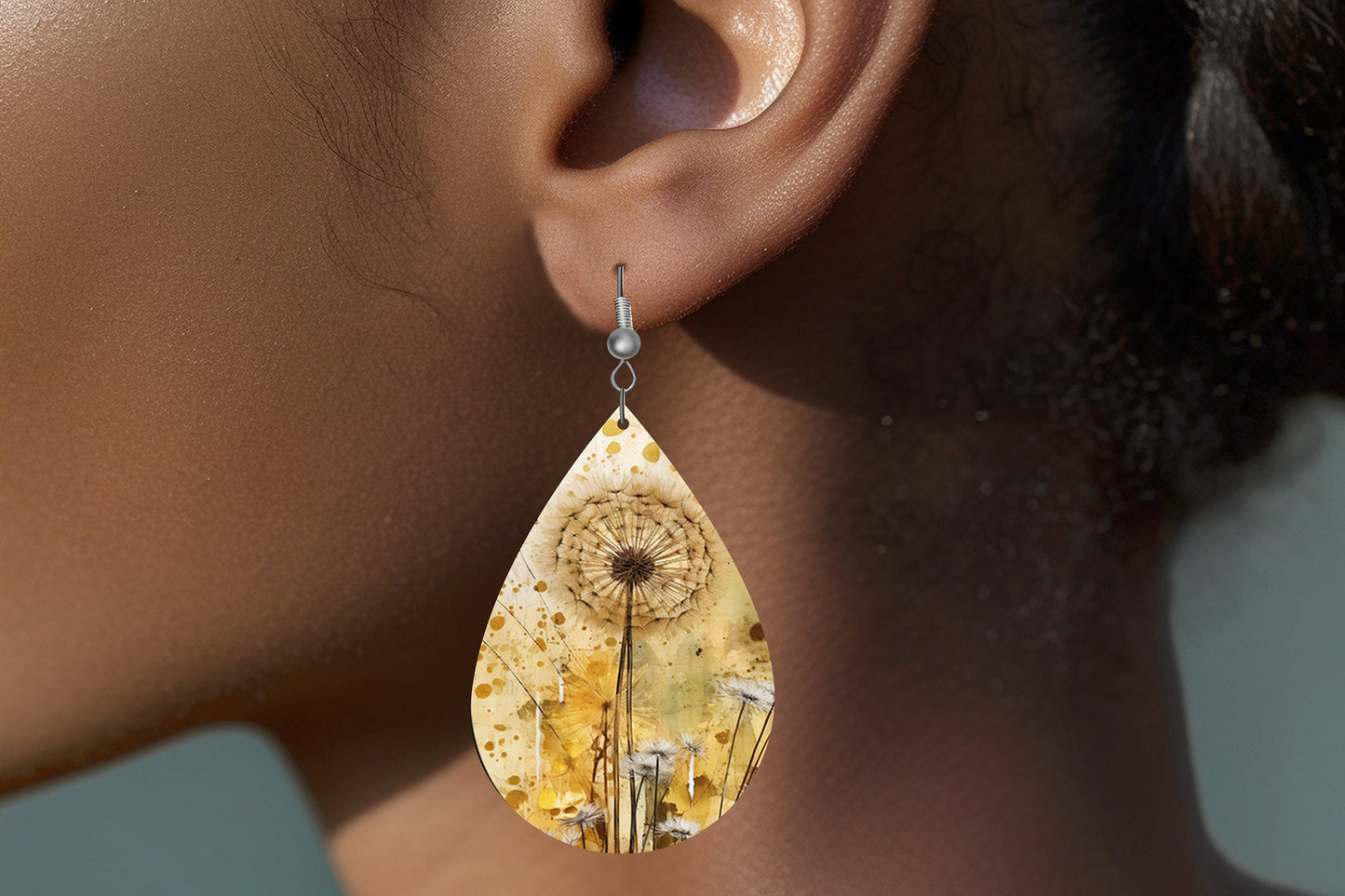 Golden Dandelion Earrings Print Tear Drop Wood Dangle Earrings Hypoallergenic Jewelry