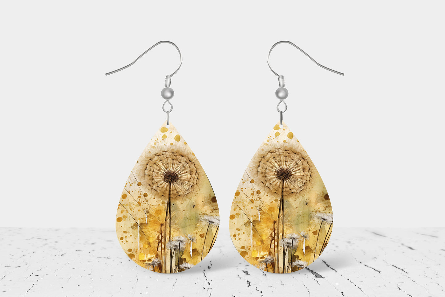 Golden Dandelion Earrings Print Tear Drop Wood Dangle Earrings Hypoallergenic Jewelry