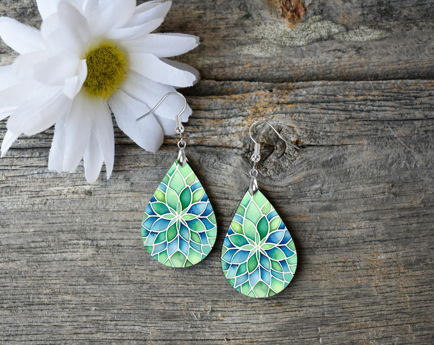 Green and Blue Spiral Earrings Print Tear Drop Wood Dangle Earrings Hypoallergenic Jewelry