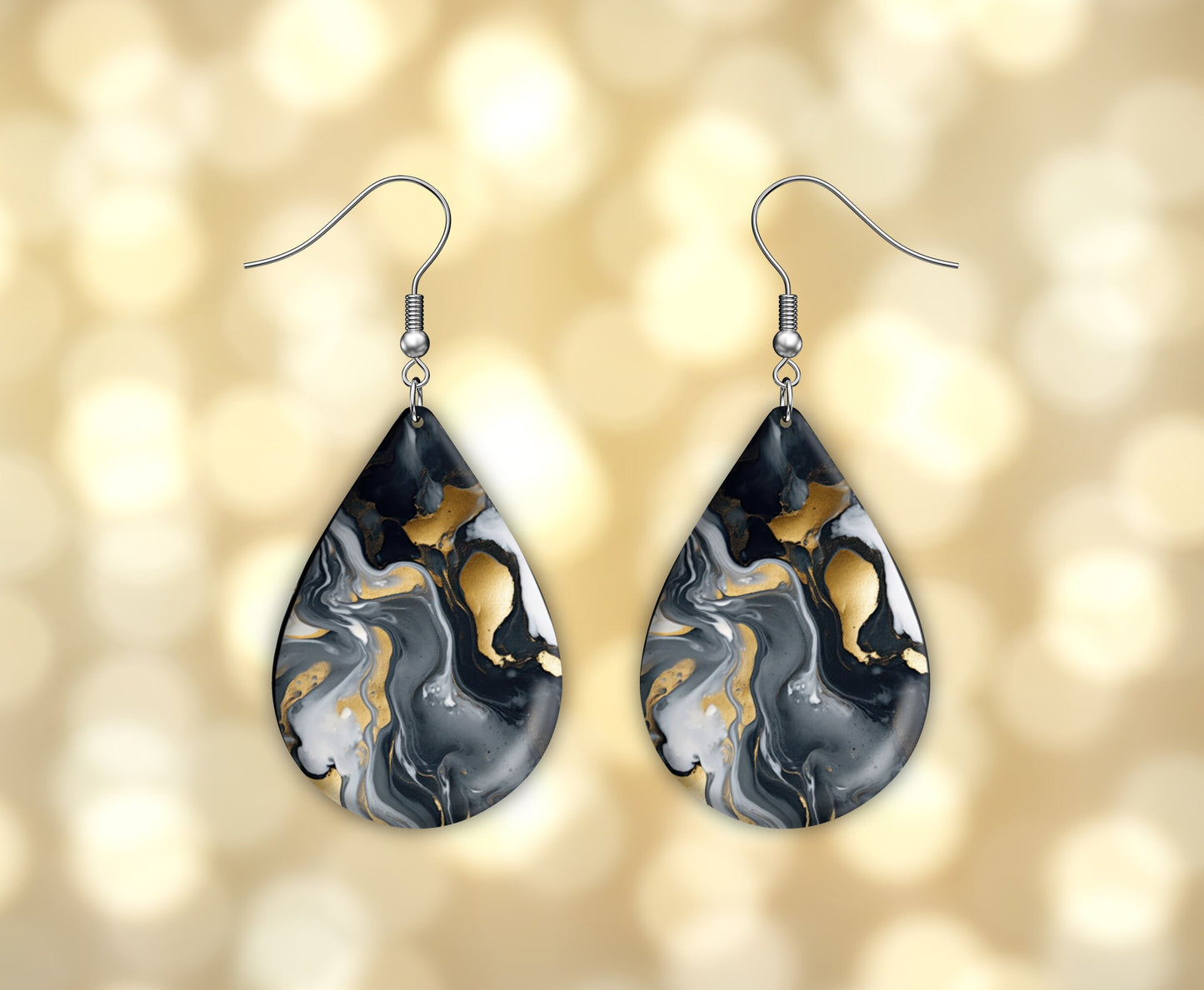 Black Gray Swirl Print Earrings Print Tear Drop Wood Dangle Earrings Hypoallergenic Jewelry