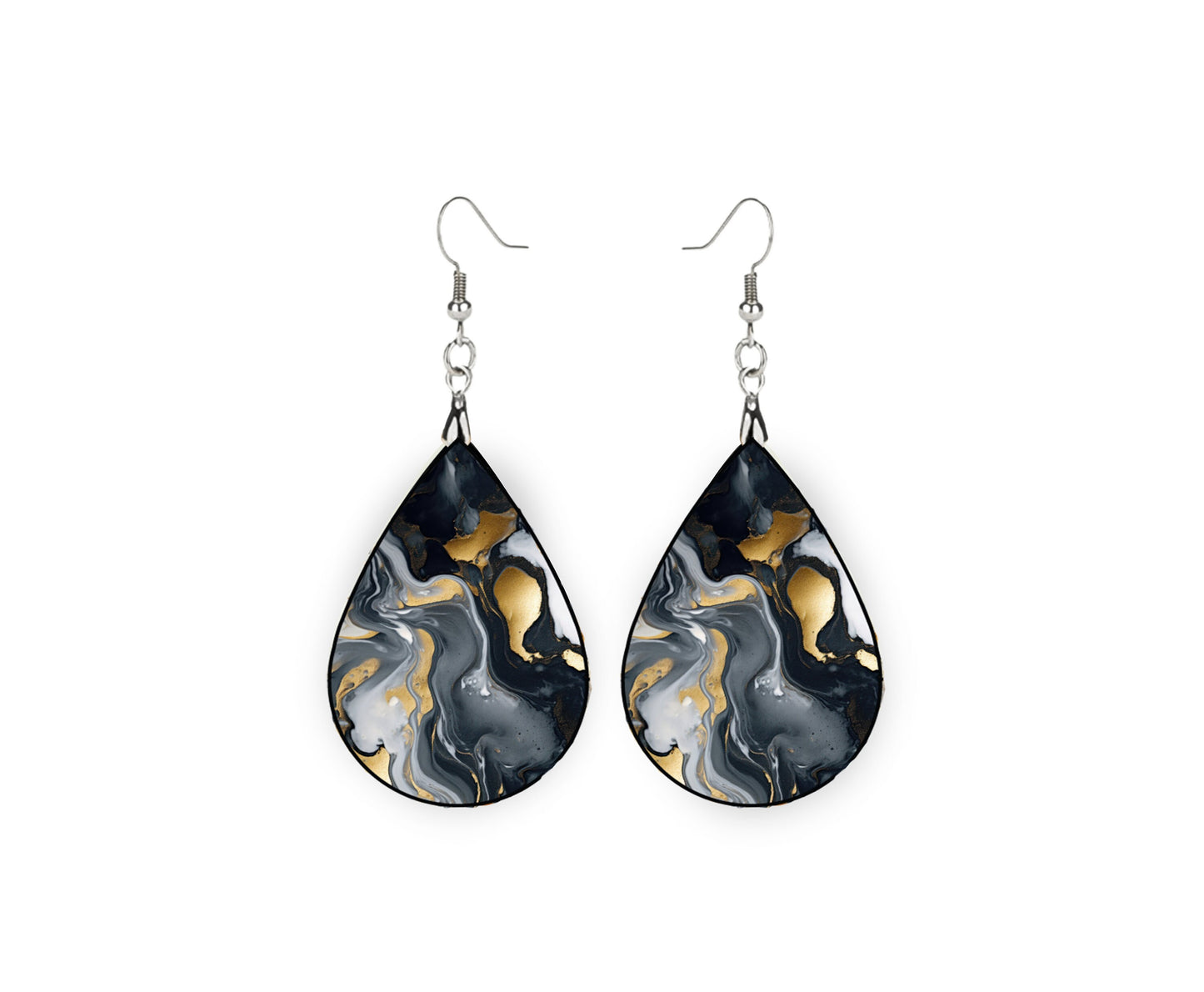 Black Gray Swirl Print Earrings Print Tear Drop Wood Dangle Earrings Hypoallergenic Jewelry