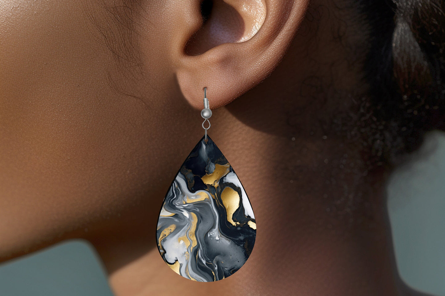 Black Gray Swirl Print Earrings Print Tear Drop Wood Dangle Earrings Hypoallergenic Jewelry