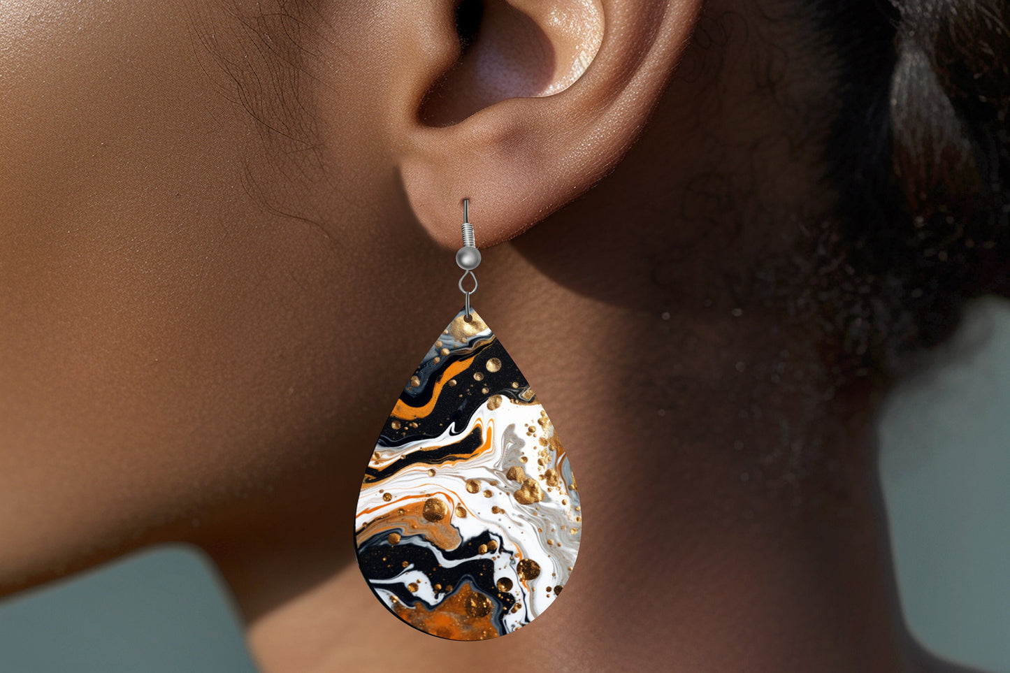 Black White Bronze Swirl Print Earrings Print Tear Drop Wood Dangle Earrings Hypoallergenic Jewelry