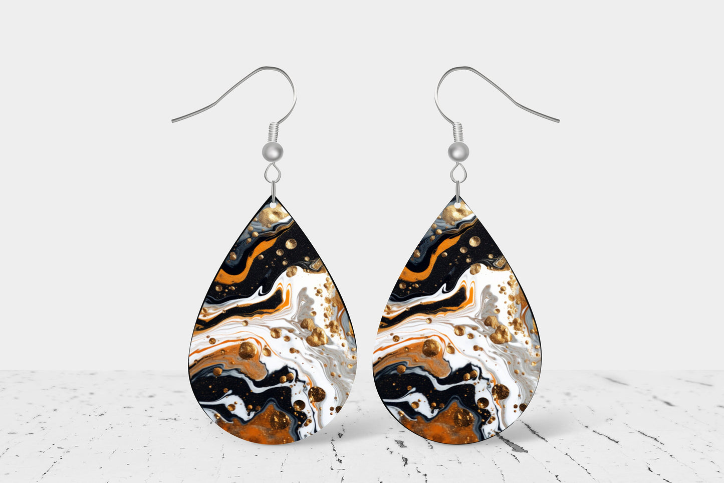 Black White Bronze Swirl Print Earrings Print Tear Drop Wood Dangle Earrings Hypoallergenic Jewelry