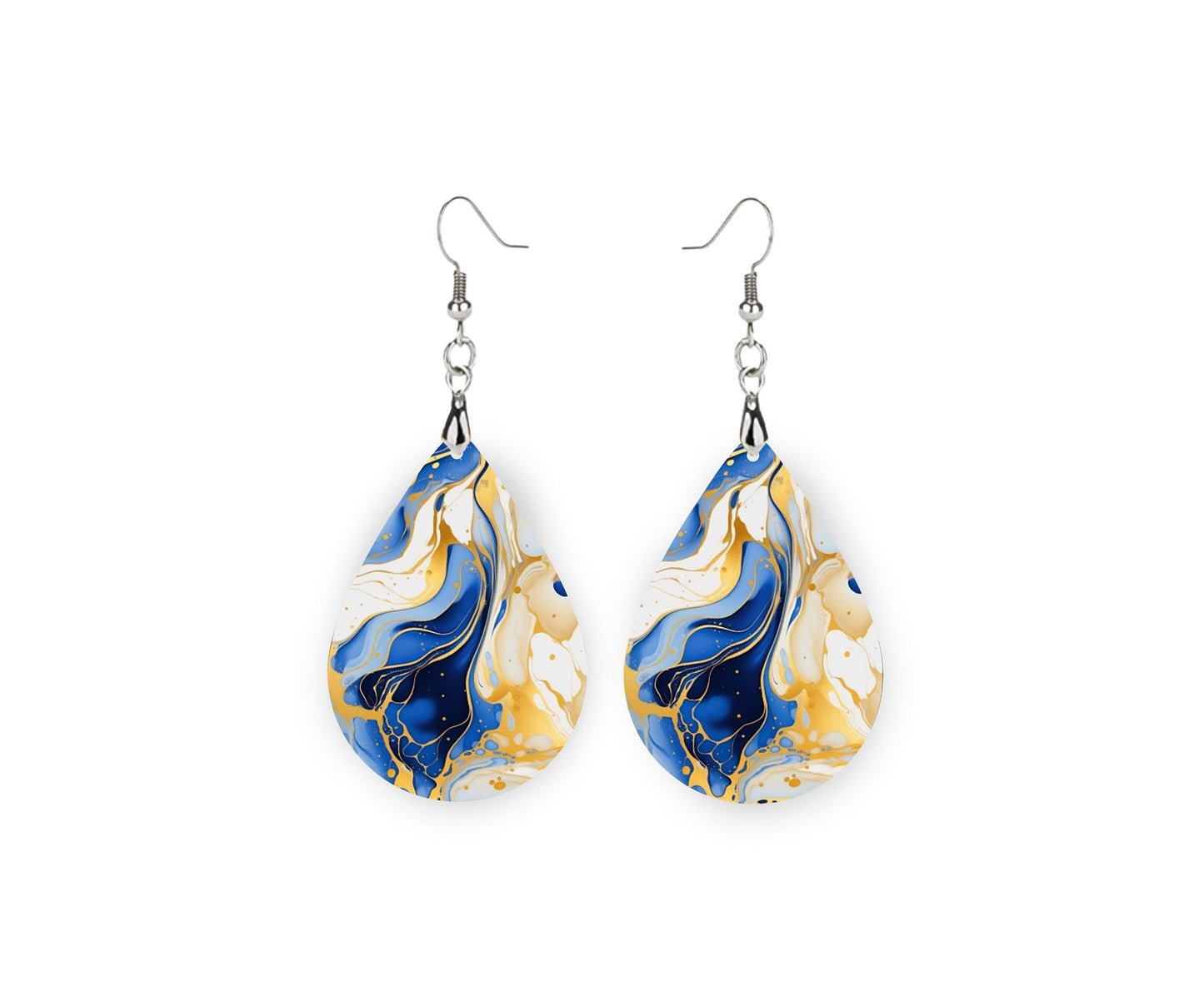 Blue White and Gold Marble Print Earrings Print Tear Drop Wood Dangle Earrings Hypoallergenic Jewelry