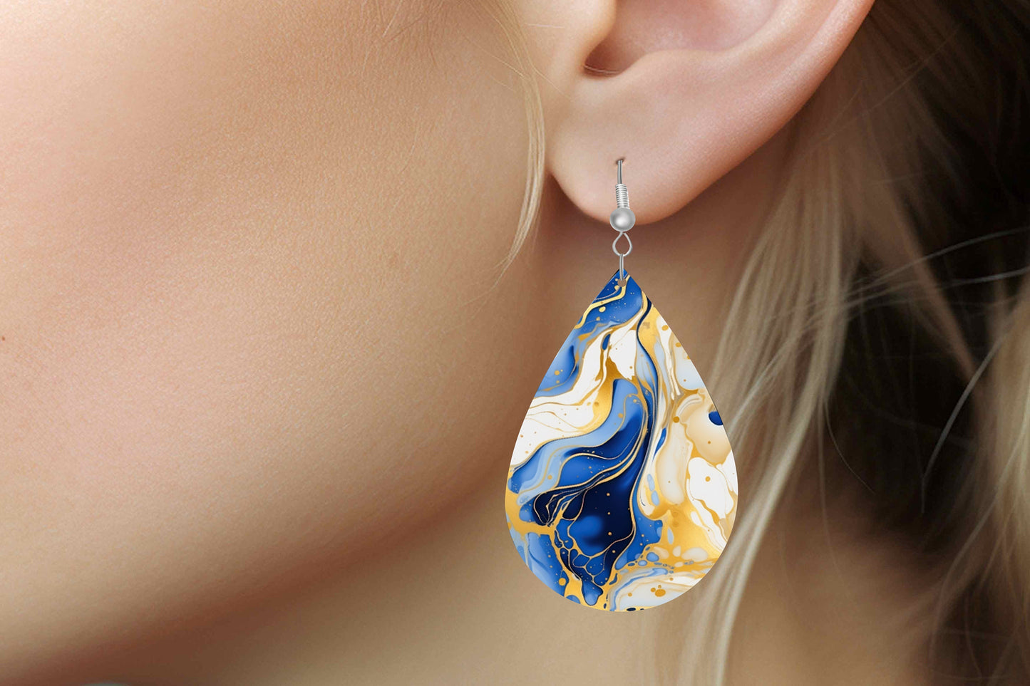 Blue White and Gold Marble Print Earrings Print Tear Drop Wood Dangle Earrings Hypoallergenic Jewelry